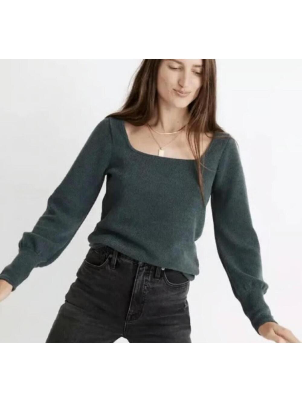 Madewell Ottoman Ribbed Square Neck Long Sleeve Top In Green - Women's Large